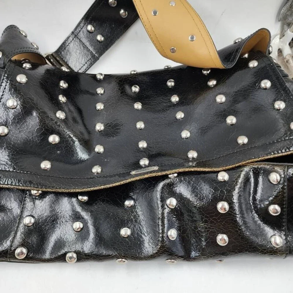 Alexander McQueen Crackled Leather Messenger Bag Men's L Black/Caramel/Silver